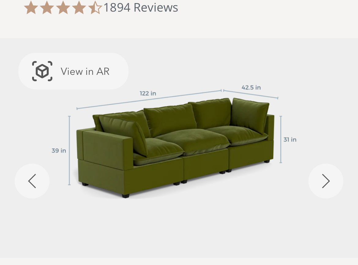 Albany Park Kova 4pc Modular Pillow Top Couch in Olive Green Performance Velvet