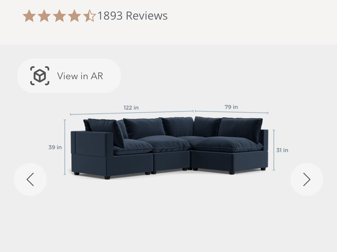 Albany Park Kova 4pc Modular Couch in Navy Blue Performance Velvet (Box top cushions)