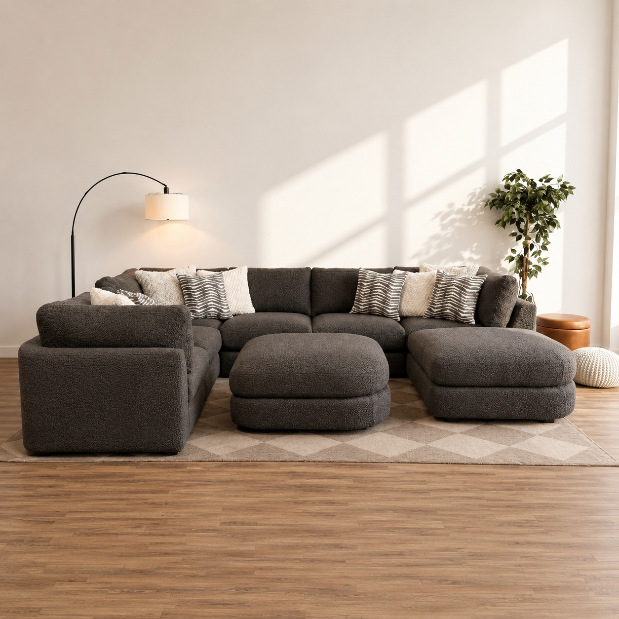 Georgia Grand Corner Sectional + 2 Ottomans in Cream Boucle