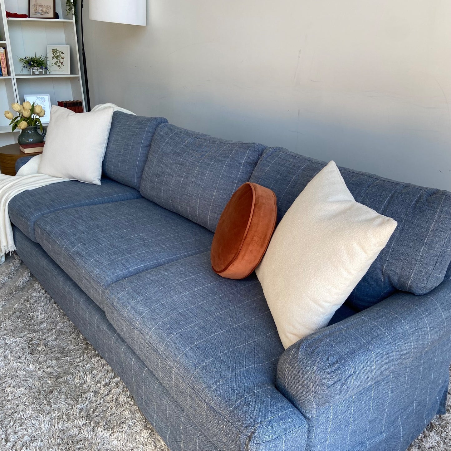 Interior Define Maxwell Slipcovered Sofa in Blue Performance Hunt Stripe