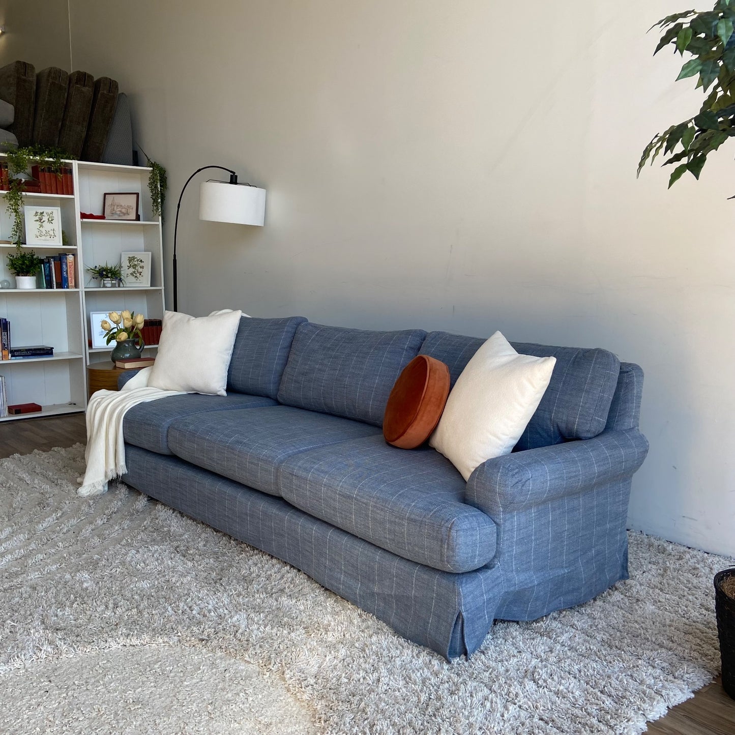 Interior Define Maxwell Slipcovered Sofa in Blue Performance Hunt Stripe
