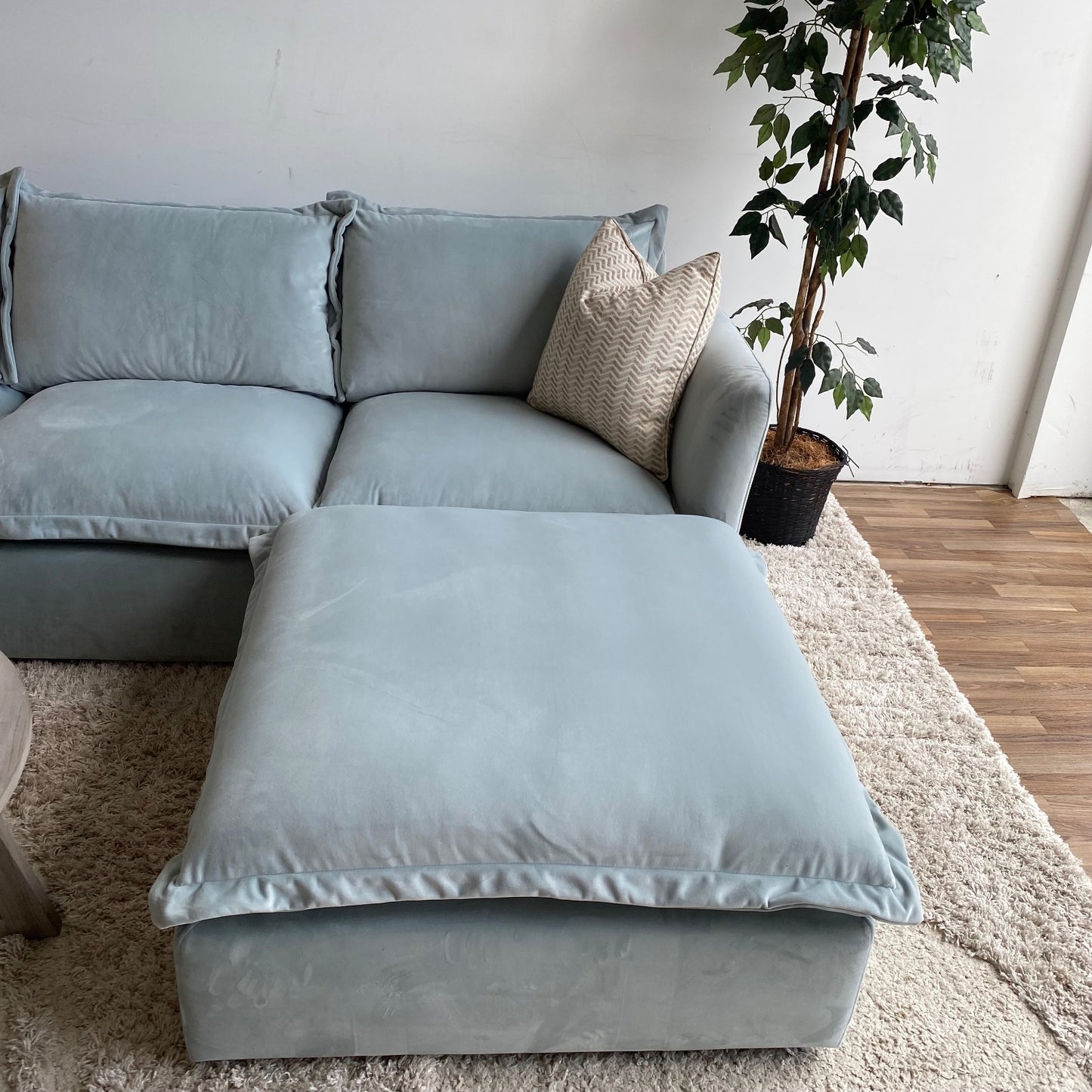 Interior Define Skylar Sofa w/ Ottoman in Spa Blue Performance Velvet