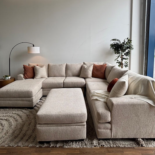 Conrad U Sectional w/Storage Ottoman in Beige Sand Fabric