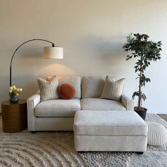 Lindsay Loveseat W/Ottoman in Dove Cream Colored Fabric