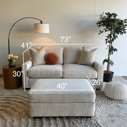 Lindsay Loveseat W/Ottoman in Dove Cream Colored Fabric