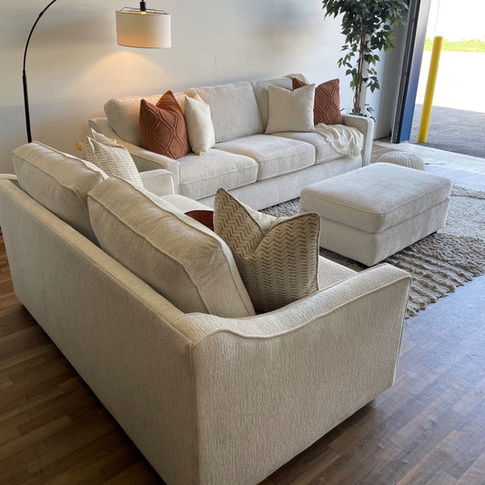 Lindsay Sofa Set W/Matching Ottoman in Dove Cream Colored Fabric
