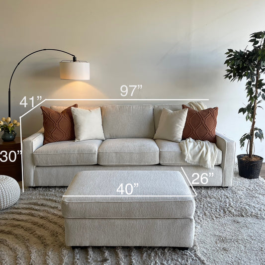 Lindsay Sofa W/Matching Ottoman in Dove Cream Colored Fabric