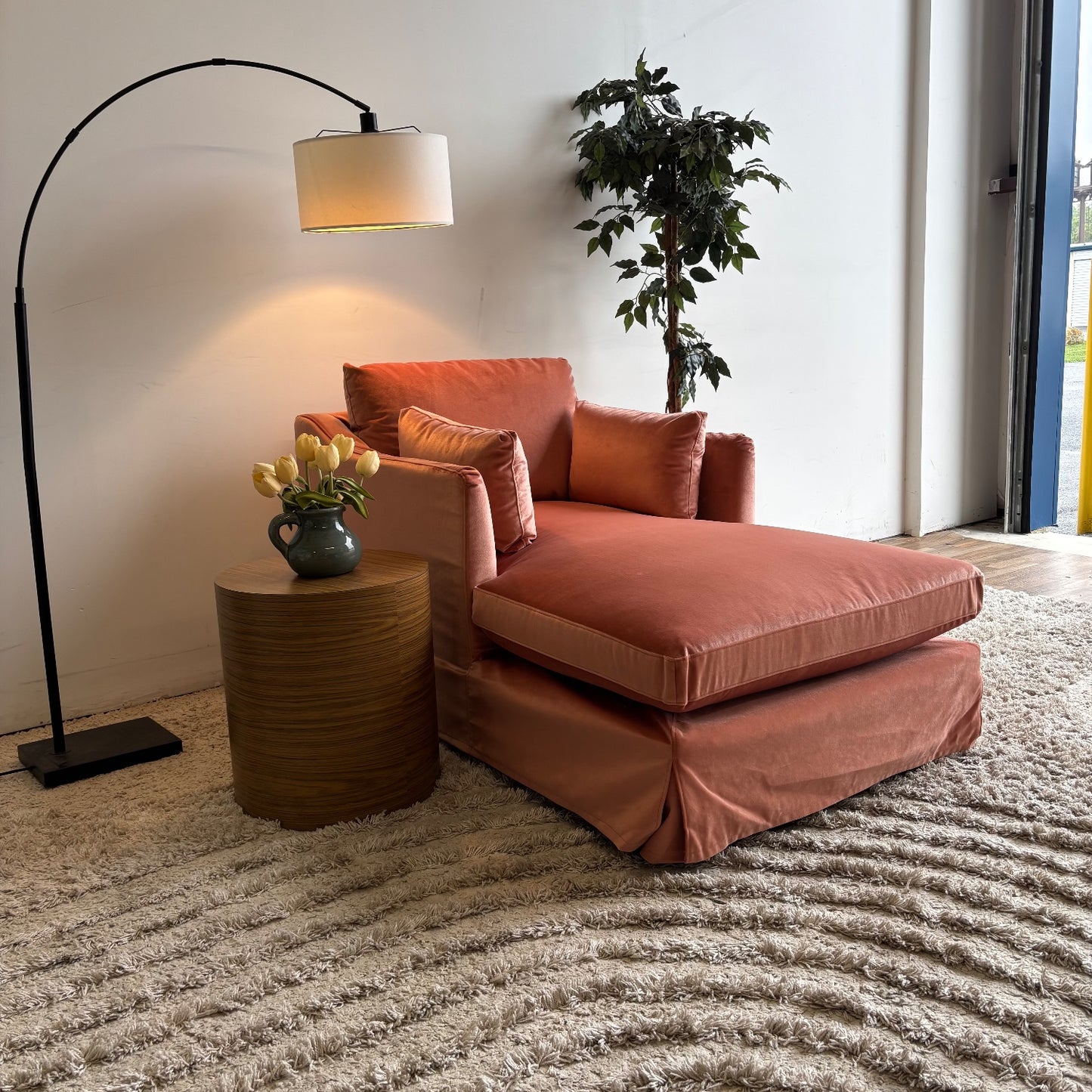 Interior Define Sloan Slip Cover Chaise Lounge Chair in Performance Velvet Coral