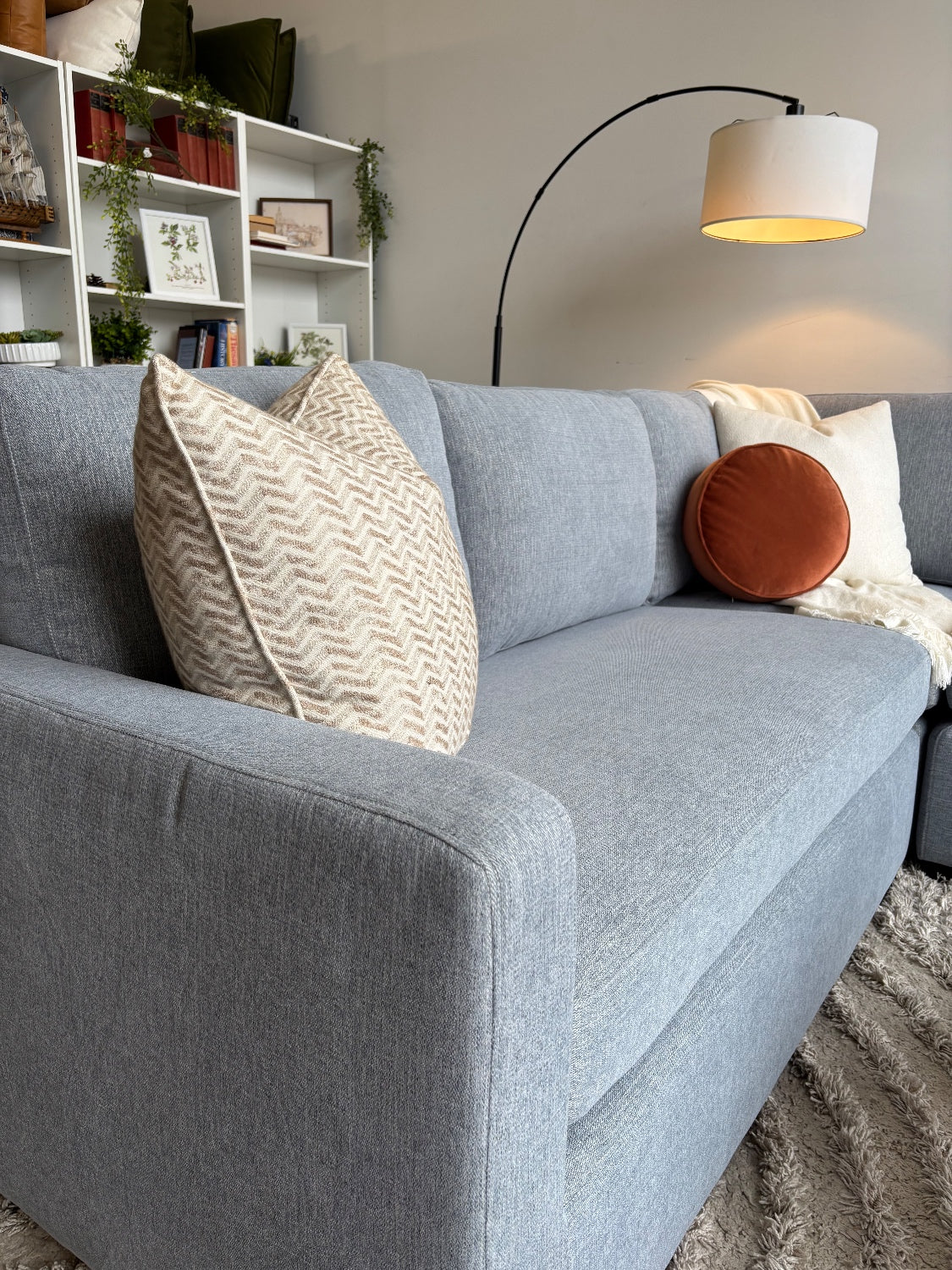 Interior Define Charly 3pc Corner Sectional in Misty Blue Performance Anti-Microbial Chenille