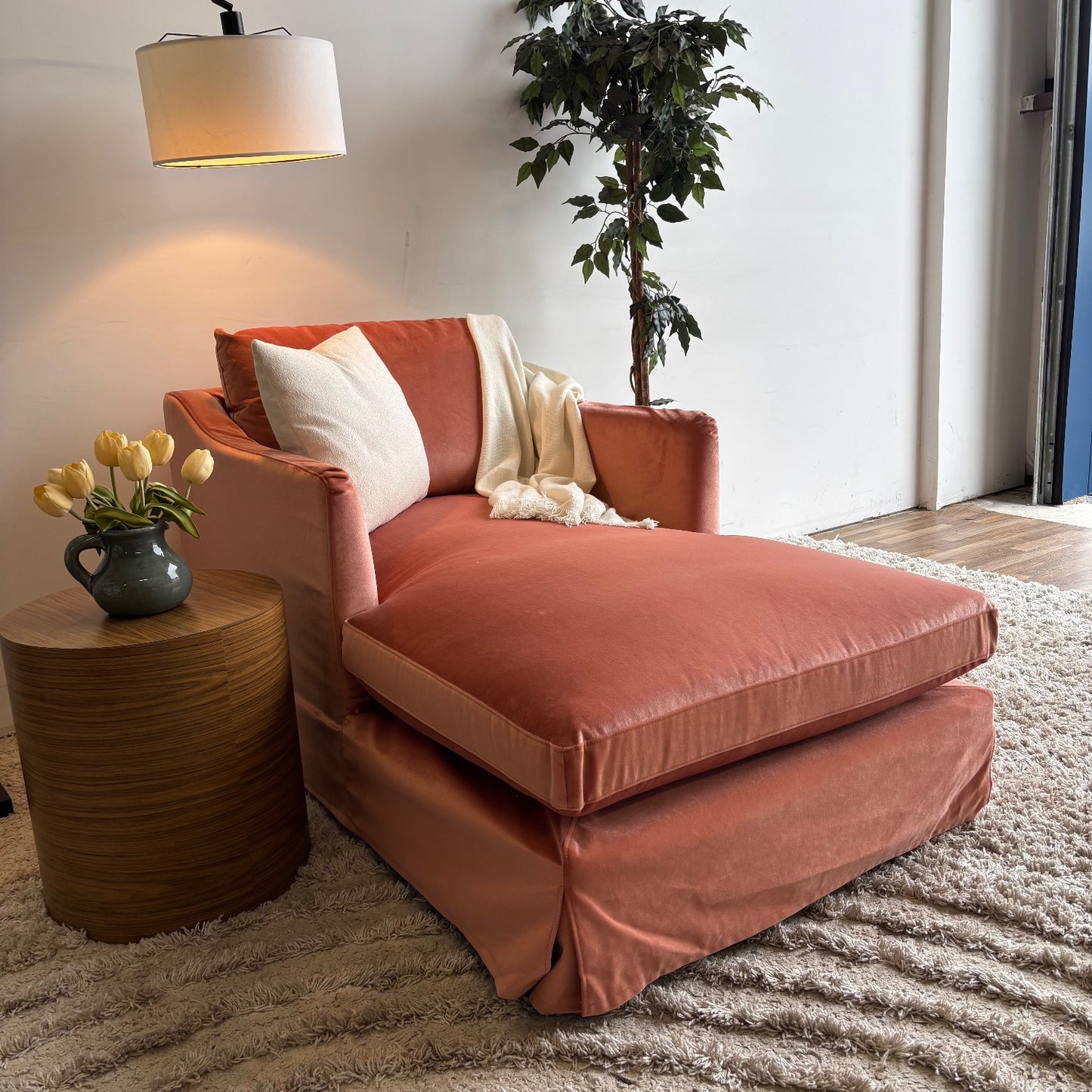 Interior Define Sloan Slip Cover Chaise Lounge Chair in Performance Velvet Coral