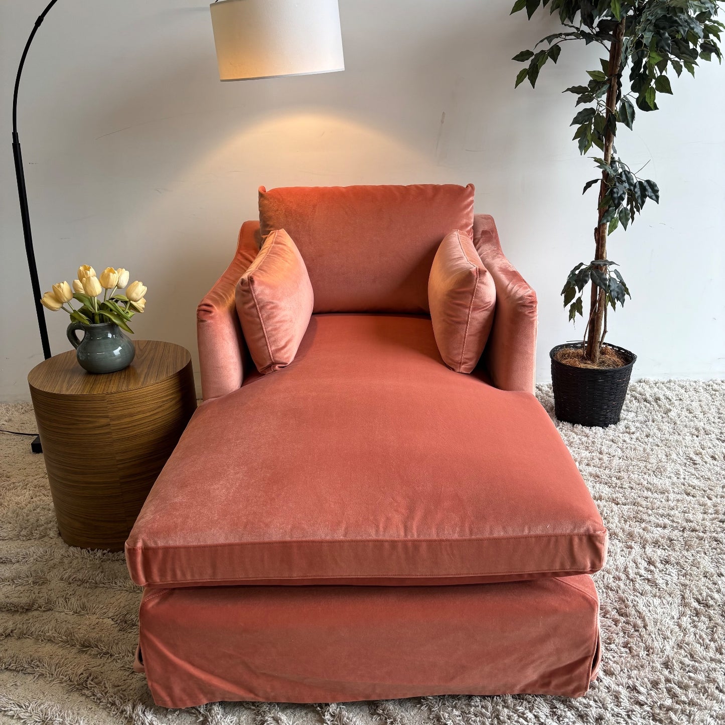 Interior Define Sloan Slip Cover Chaise Lounge Chair in Performance Velvet Coral
