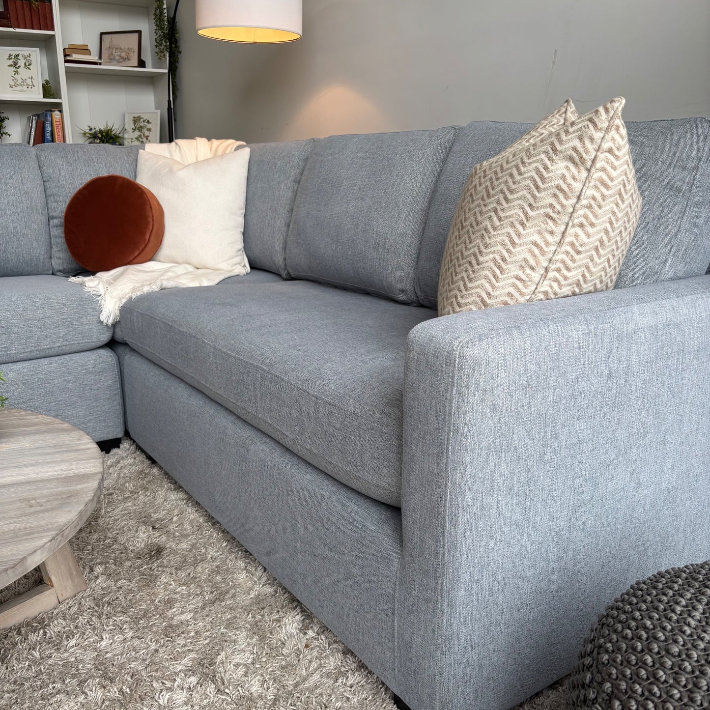 Interior Define Charly 3pc Corner Sectional in Misty Blue Performance Anti-Microbial Chenille
