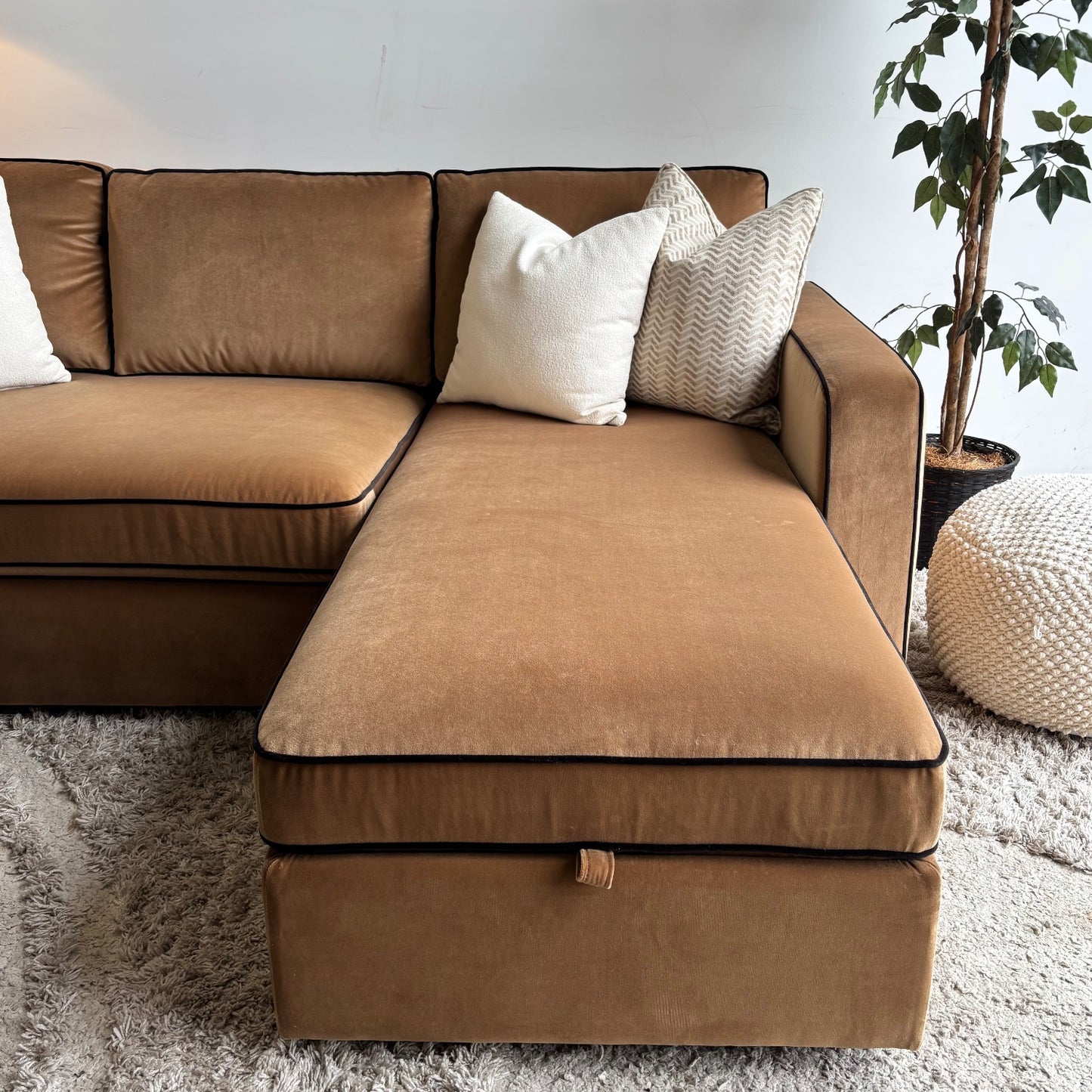 Interior Define James 2pc L Sectional in Camel Brown Performance Velvet