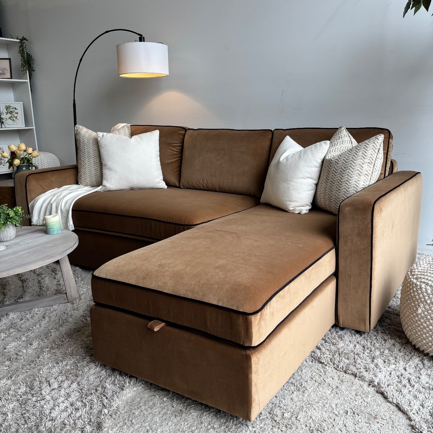 Interior Define James 2pc L Sectional in Camel Brown Performance Velvet