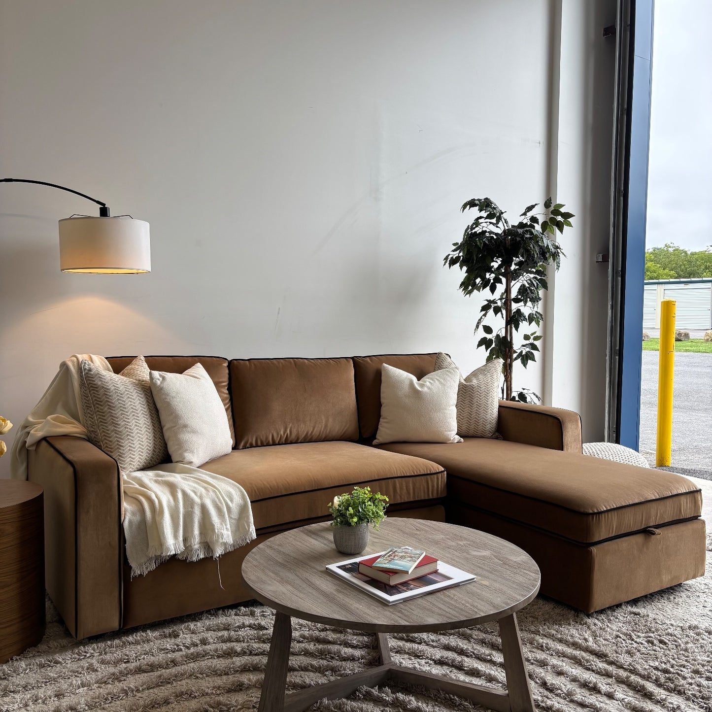 Interior Define James 2pc L Sectional in Camel Brown Performance Velvet
