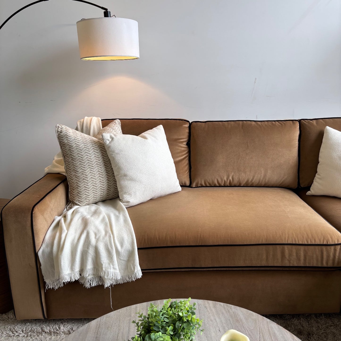Interior Define James 2pc L Sectional in Camel Brown Performance Velvet