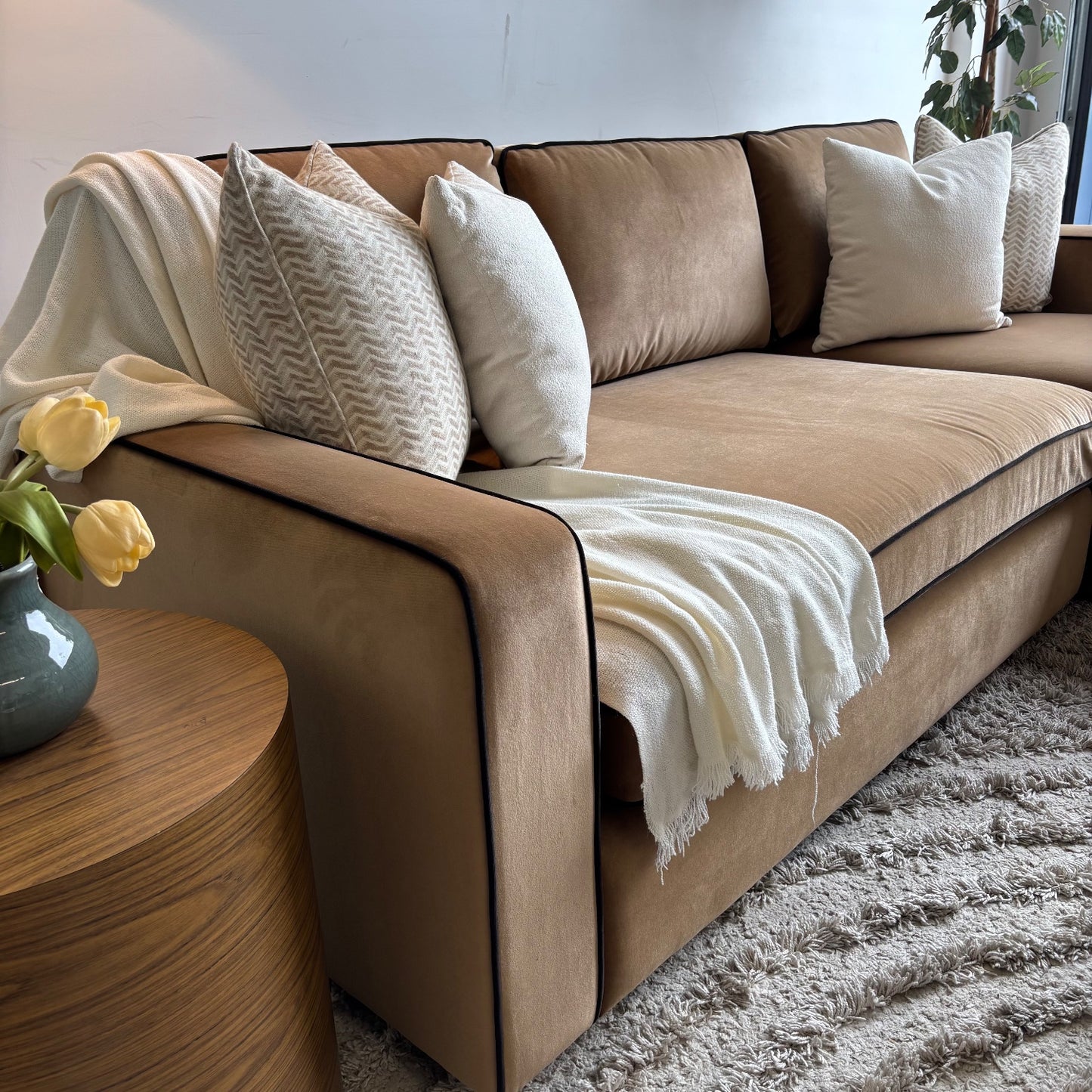 Interior Define James 2pc L Sectional in Camel Brown Performance Velvet