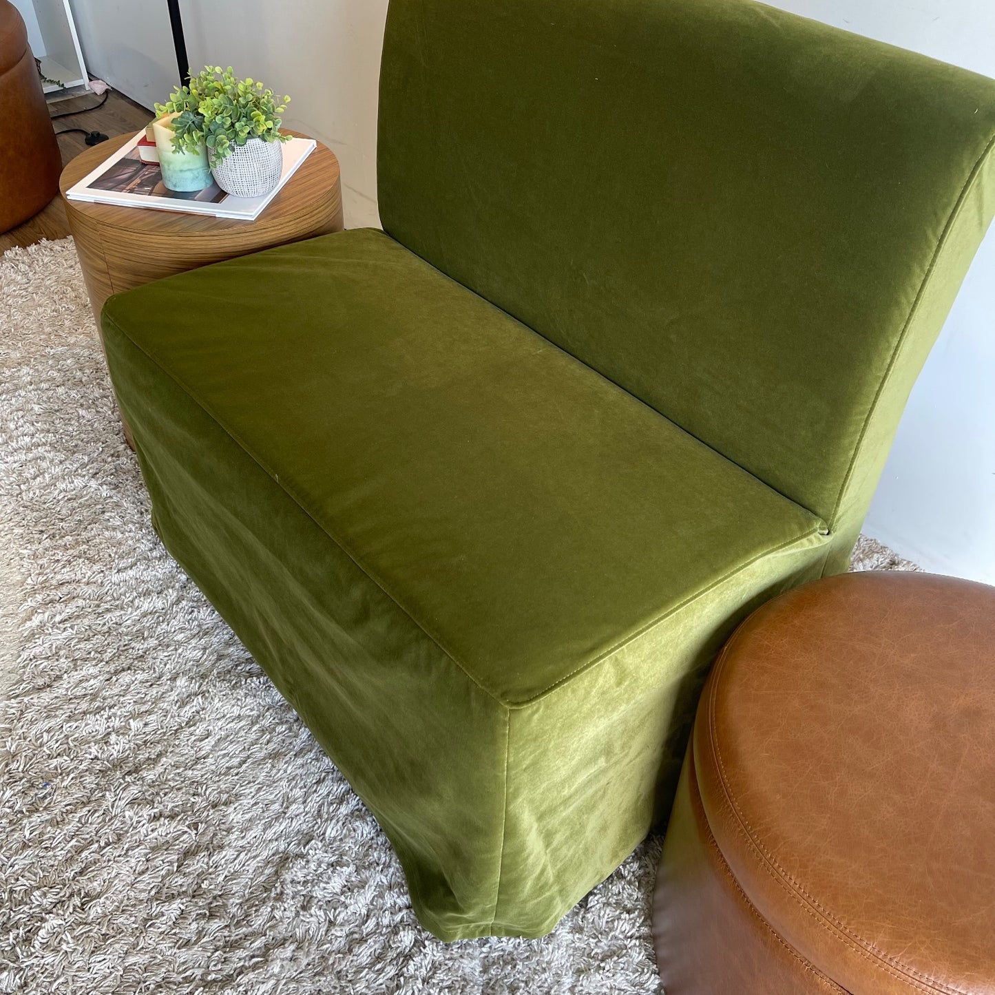 Interior Define Dorian Armless Slipcover Bench in Sage Performance Velvet