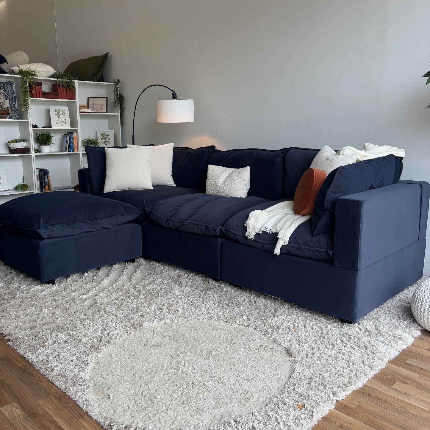Albany Park Kova Modular 4 Pc Pillowtop Sectional in Navy Blue Performance Velvet w/ Ottoman