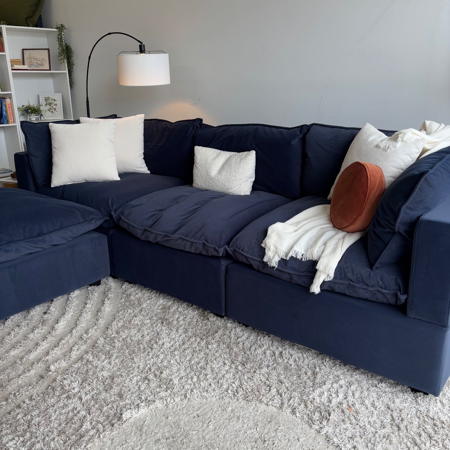 Albany Park Kova Modular 4 Pc Pillowtop Sectional in Navy Blue Performance Velvet w/ Ottoman