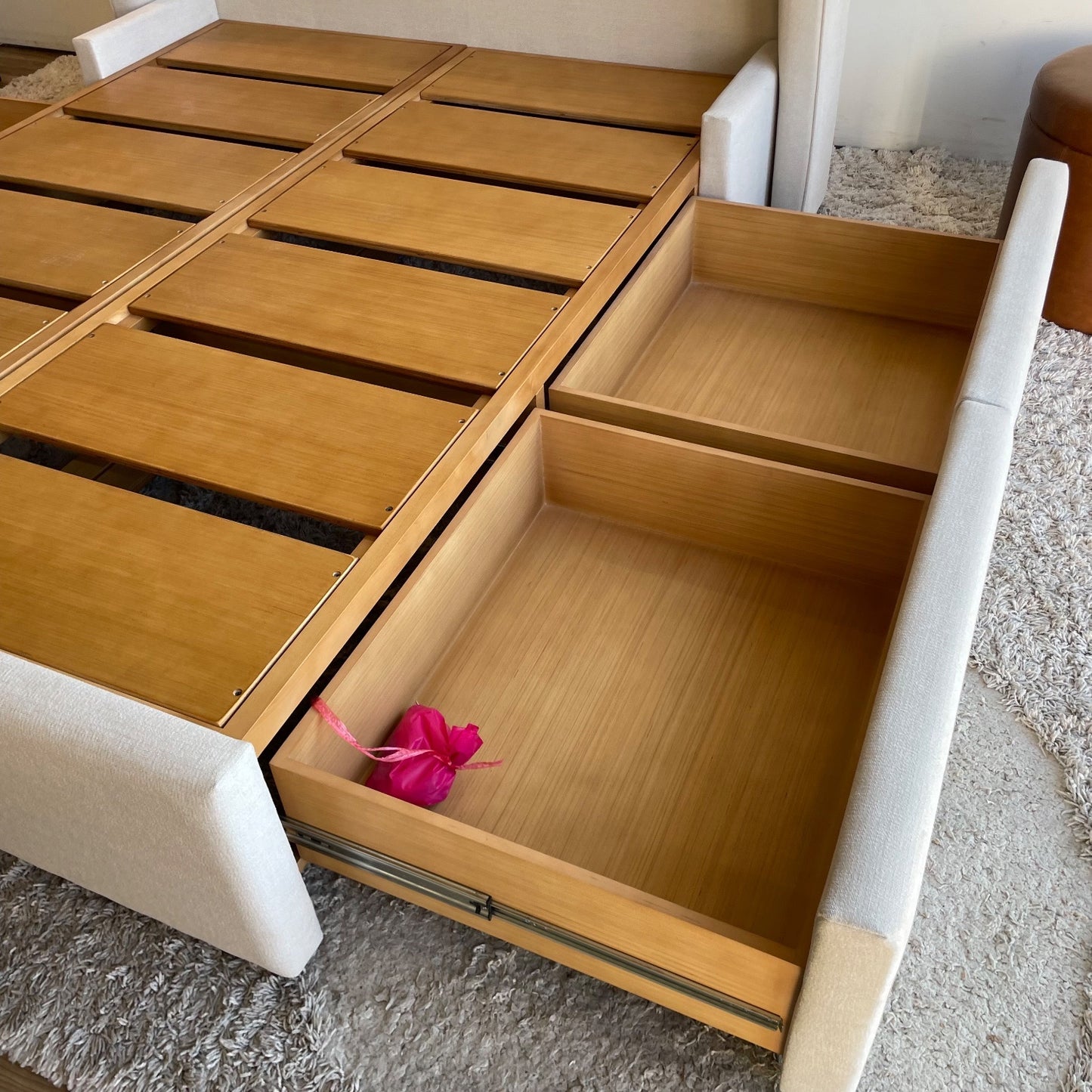 Interior Define Graham queen Bed with storage in Cream Performance Fabric