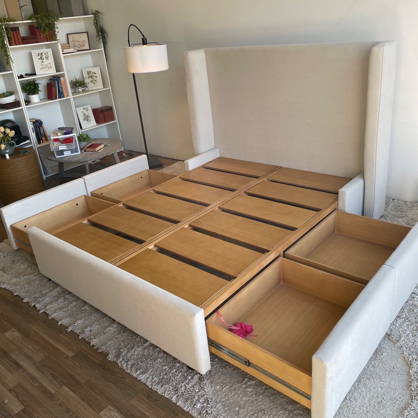 Interior Define Graham queen Bed with storage in Cream Performance Fabric