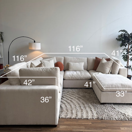 Lakeview Corner Sectional + Ottoman in Vanilla Low Pile Velvet