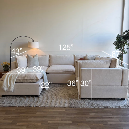 Bellamia Luna L-Shaped Enclosed + Ottoman in Cream Performance Chenille