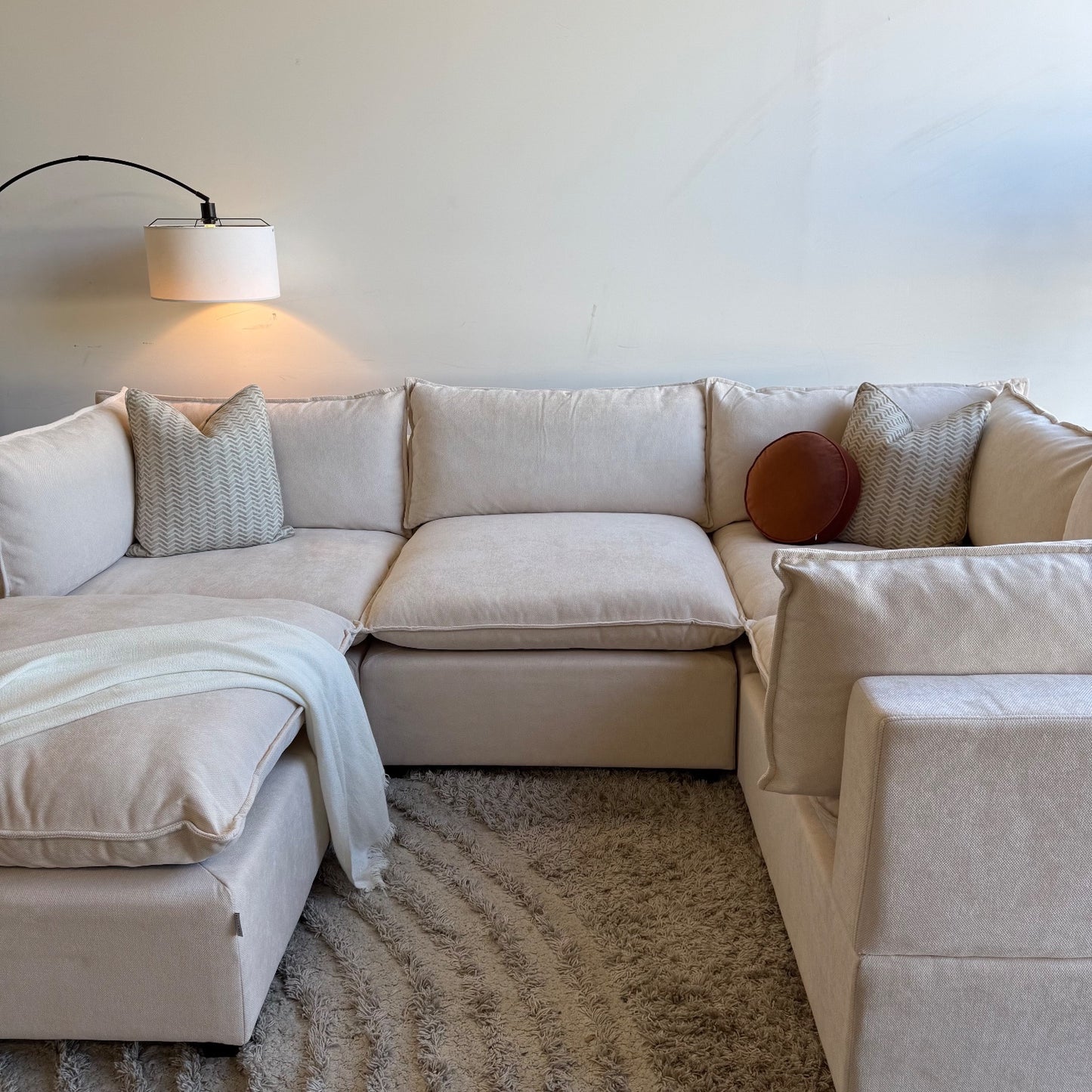 Bellamia Luna L-Shaped Enclosed + Ottoman in Cream Performance Chenille