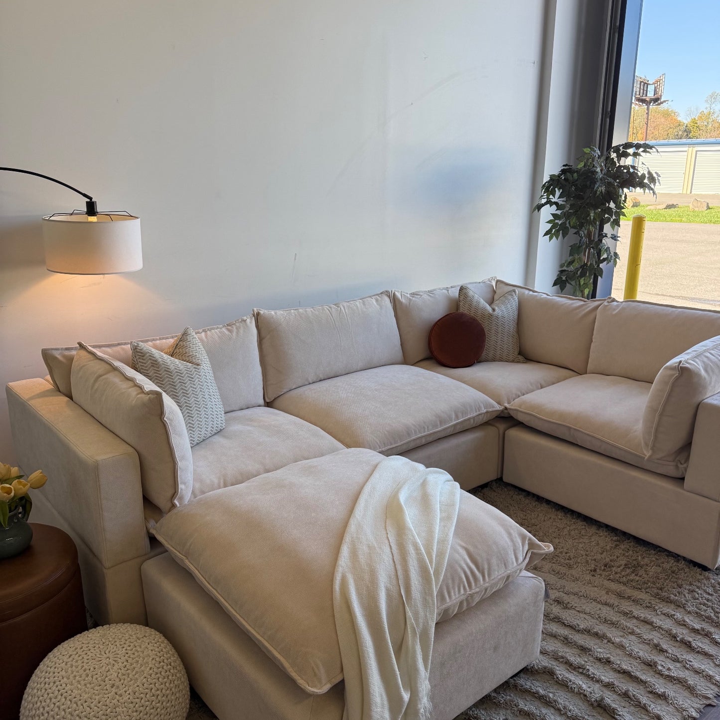 Bellamia Luna L-Shaped Enclosed + Ottoman in Cream Performance Chenille