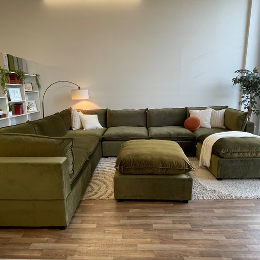 Bellamia Luna Grand Corner + Ottoman in Green Performance Chenille