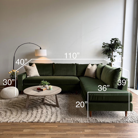 Interior Define 3-Seat Bumper Sectional in Sage Green Performance Velvet