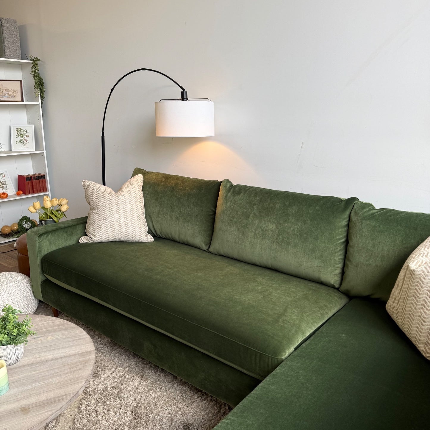 Interior Define 3-Seat Bumper Sectional in Sage Green Performance Velvet