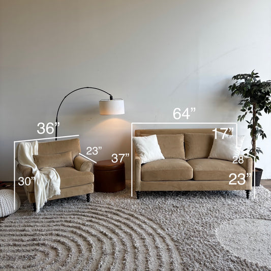 Interior Define Loveseat and Maxwell Chair set in Camel Brown Performance Velvet