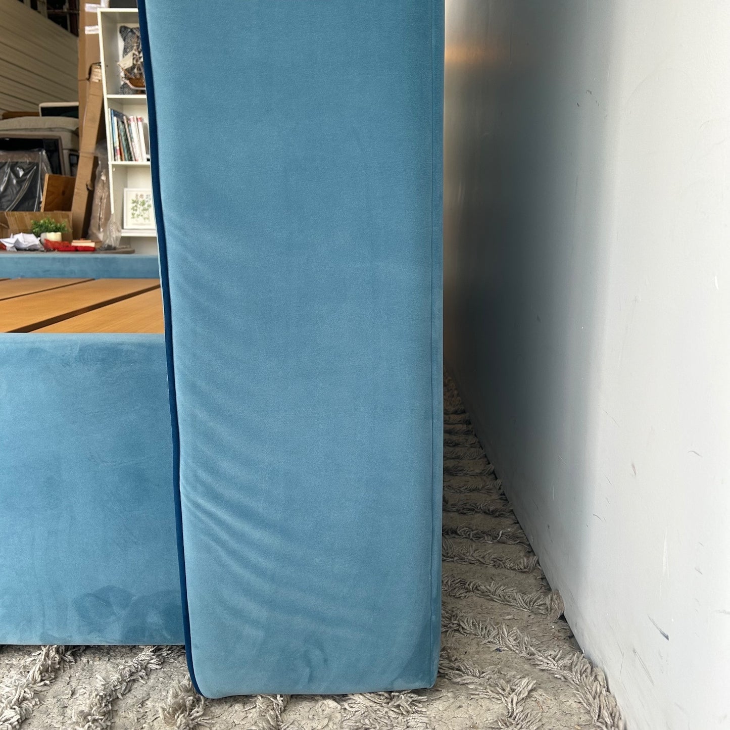 Interior Define Graham Bed In Blue Performance Plush Velvet with Contrast Piping