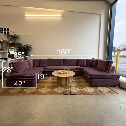 Interior Define James 3-piece U-Chaise Sectional w/Contrast Piping in Purple Performance Plush Velvet