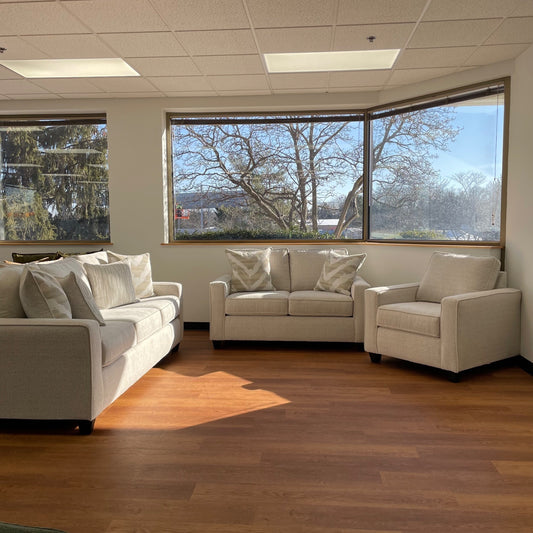 Linden Sofa + Loveseat + Chair Set in Sand Fabric