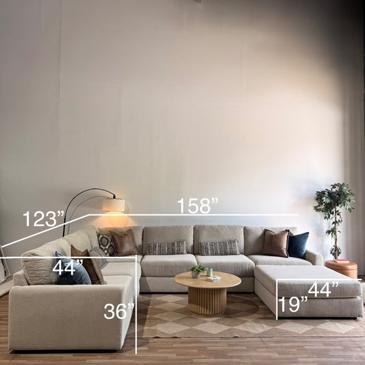 Oak Grand Corner Sectional + Ottoman in Beige Performance Fabric