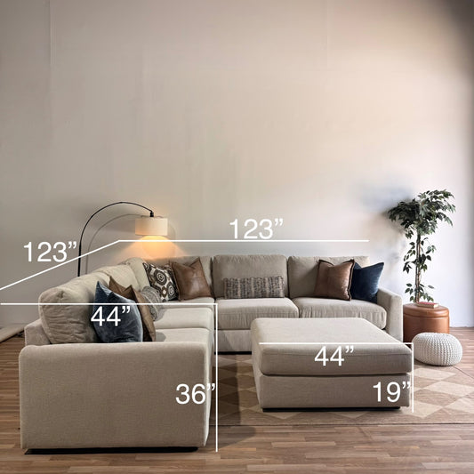 Oak Corner Sectional + Ottoman in Beige Performance Fabric