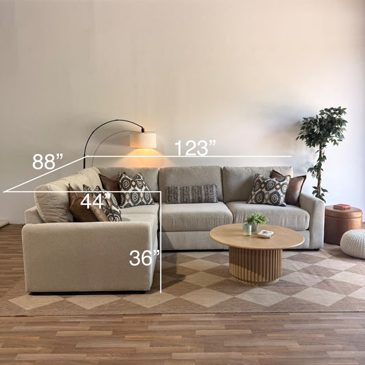 Oak L-Shape Enclosed in Beige Performance Fabric