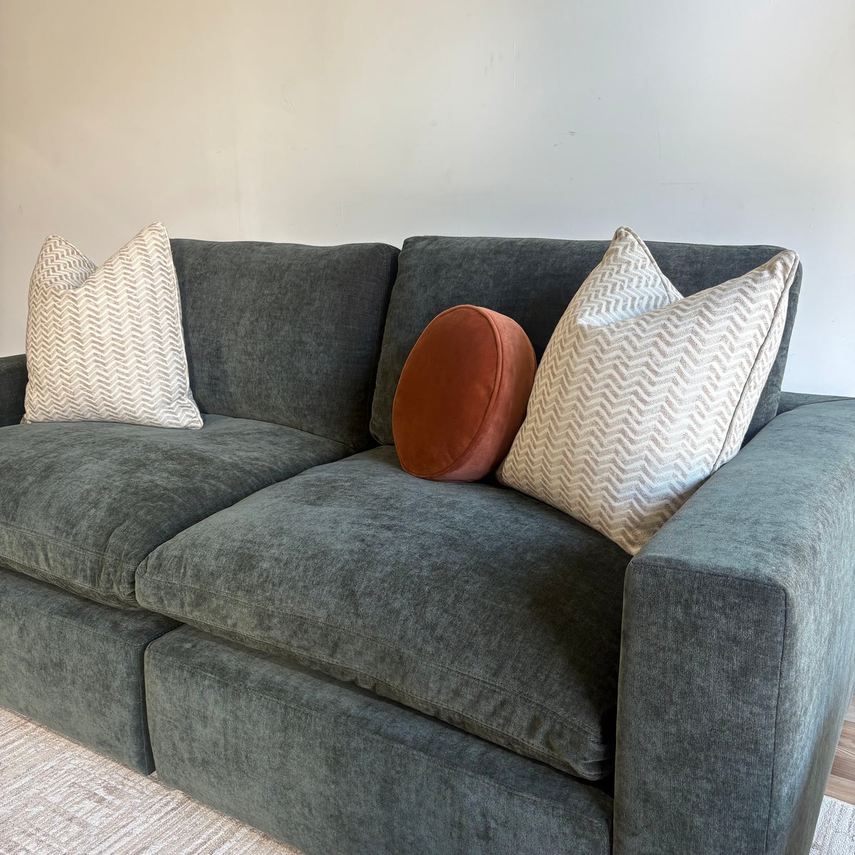 Cypress Loveseat in Velvet Forest Green, right close-up