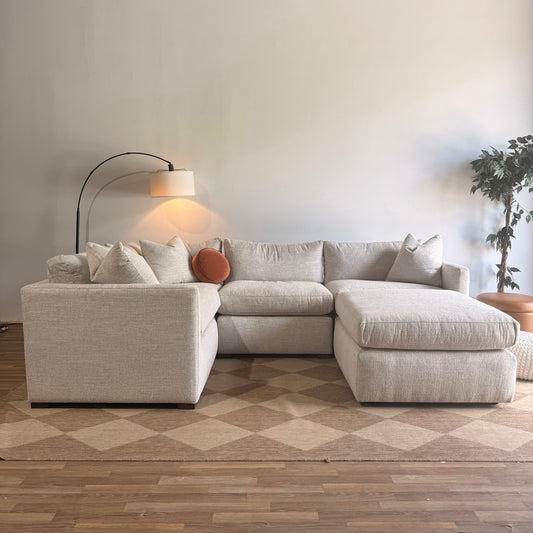 Brook L-Shape Enclosed Sectional + Ottoman in Anquilla Ivory Performance Chenille — Kindred Couches