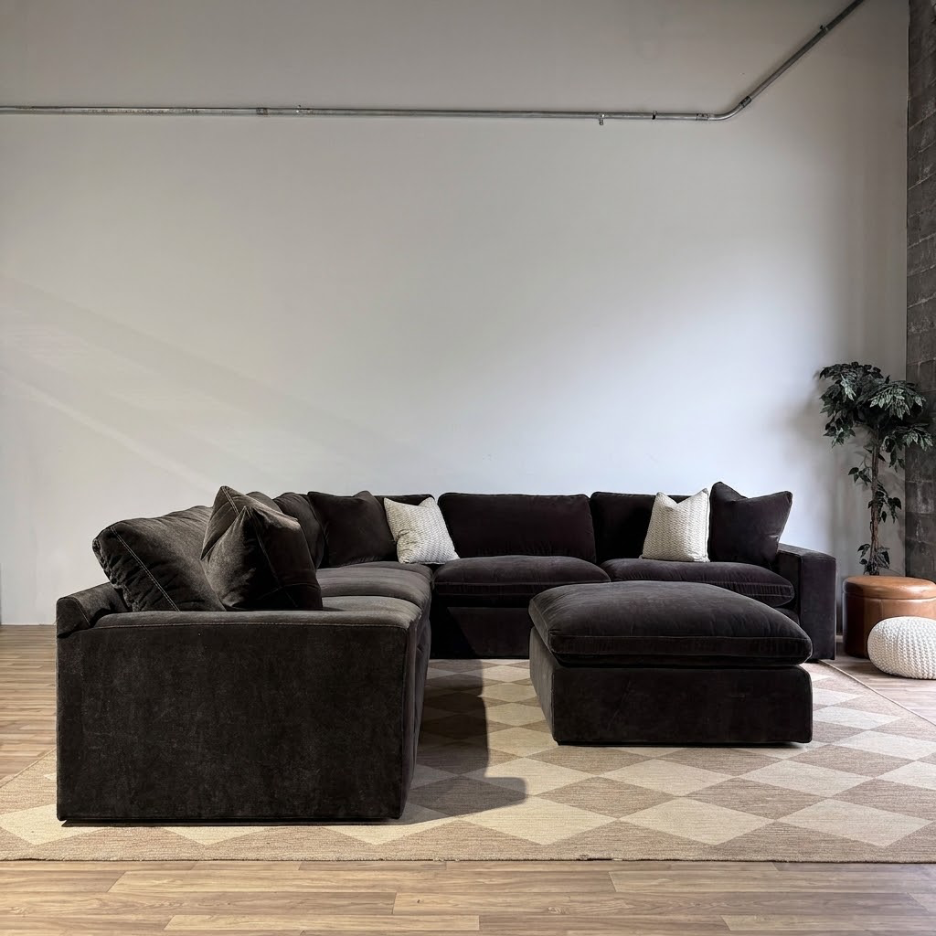 Woodland Corner Sectional with Classic Ottoman in Chocolate Velvet