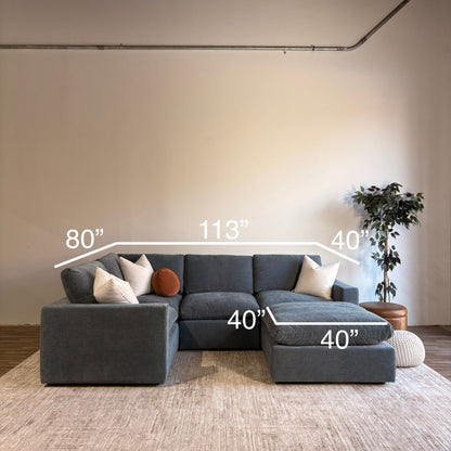 Cypress L-Shape Enclosed + Ottoman in Velvet Opal Blue, dimensions