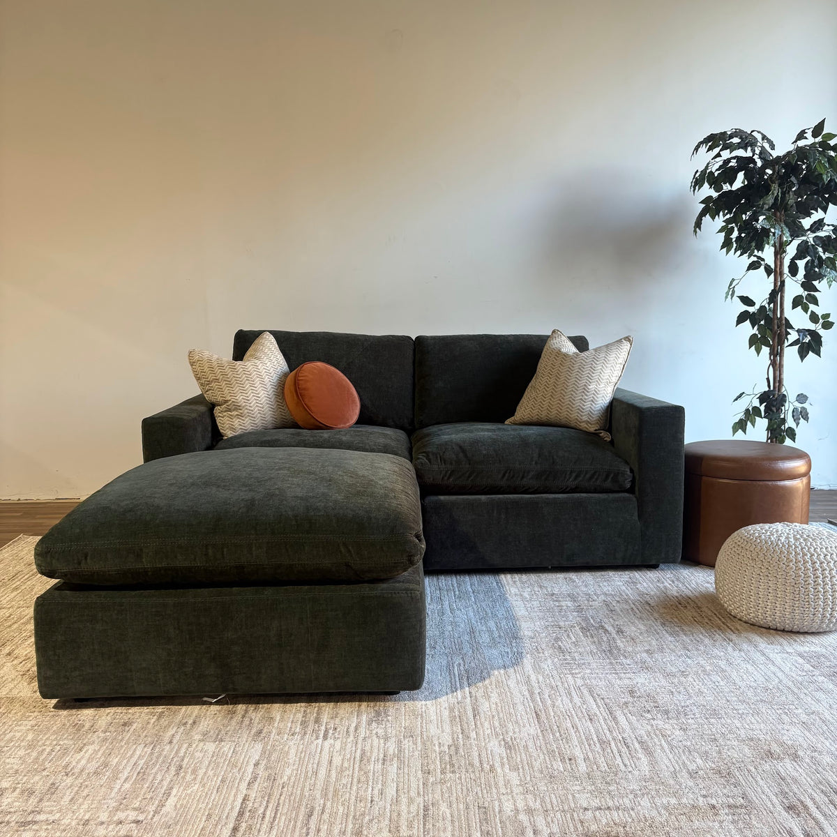 Cypress Loveseat + Ottoman in Velvet Forest Green, front view
