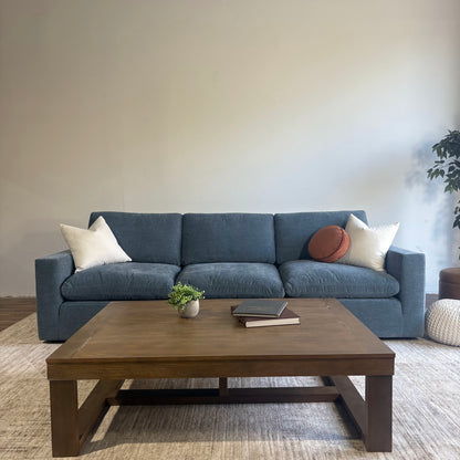 Cypress Sofa in Velvet Opal Blue, styled front view