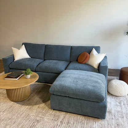 Cypress Sofa + Ottoman in Velvet Opal Blue, angled view