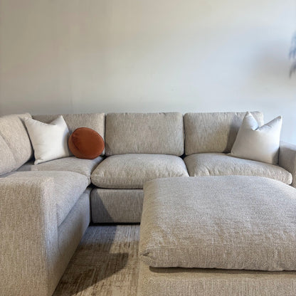 Cypress L-Shape Enclosed + Ottoman in Oatmeal Basketweave, front close-up
