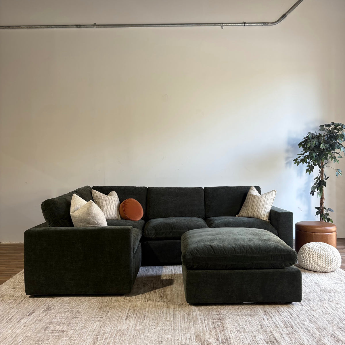 Cypress L-Shape Enclosed + Ottoman in Velvet Forest Green, left view