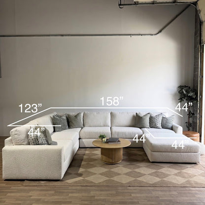 Oak Grand Corner Sectional + Ottoman in Performance Snow Boucle with dimensions by Kindred Couches